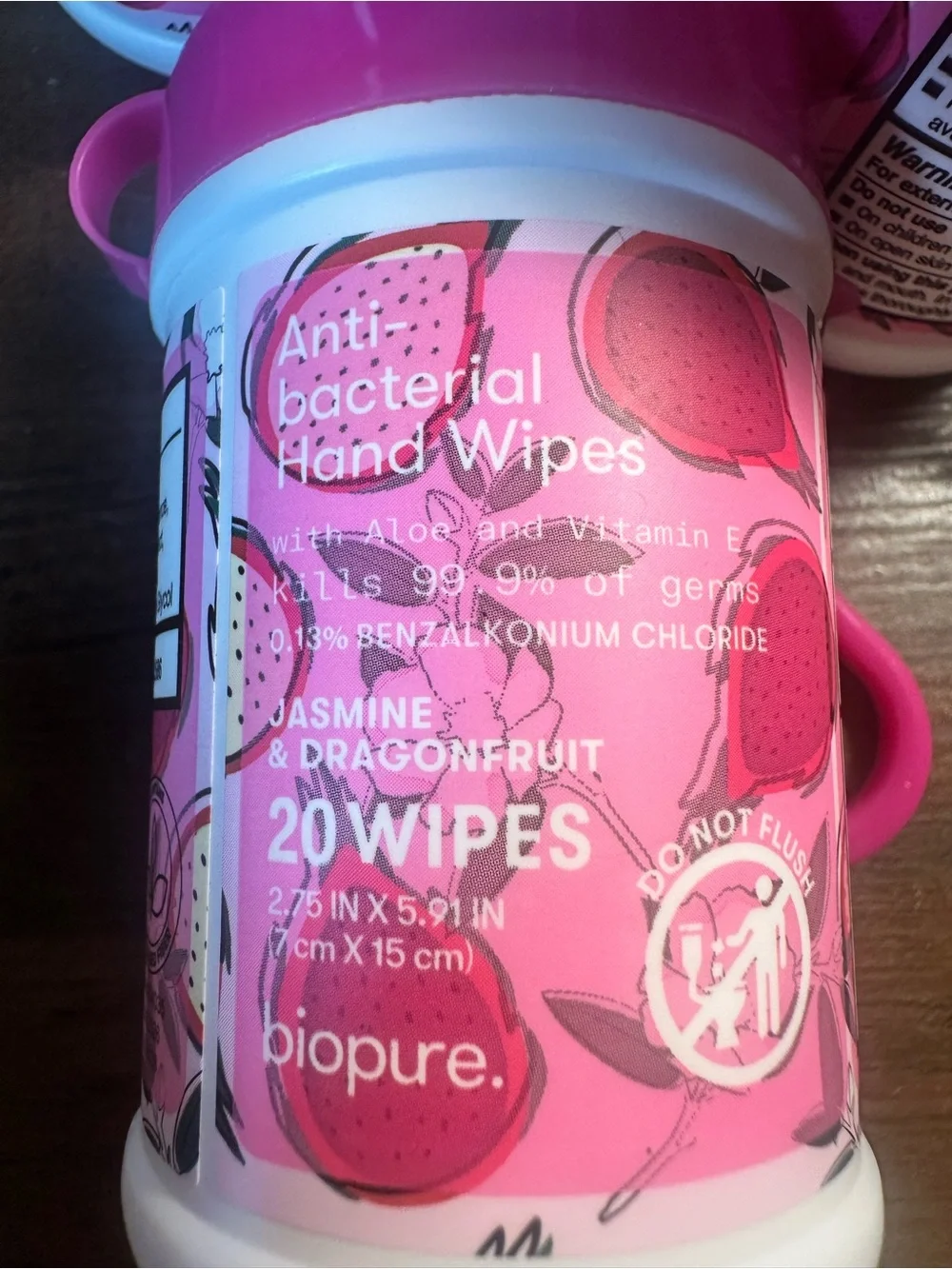 Biopure Keychain 20 Ct Antibacterial Hand Wipes Jasmine & Dragonfruit Scent 4 Pk